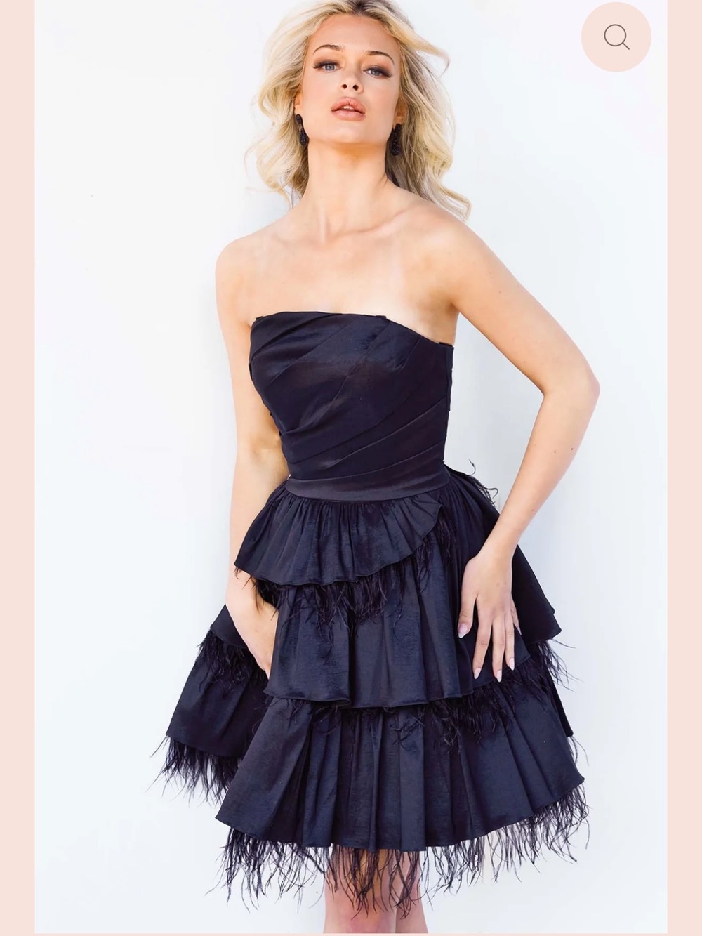 Jovani Black Strapless Feather-Trim Tiered Cocktail Dress 0 New $695